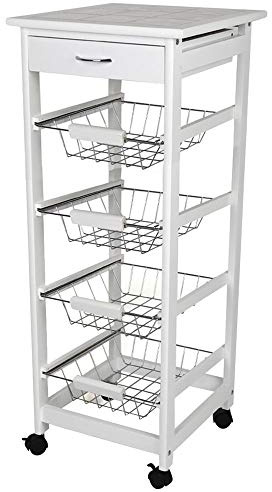 BAKAJI Carrello da Cucina Salvaspazio in Legno MDF Bianco con 4 Cestelli Portafrutta in Acciaio Cassetto Portaposate Piano d'Appoggio Piastrellato e 4 Ruote Girevoli 360 Gradi 37 x 82 cm