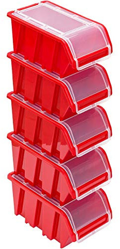 Stapelboxen Set – 5x Stapelbox mit Deckel 230x160x120 mm – Sichtbox Stapelbox Lagerbox, Rot