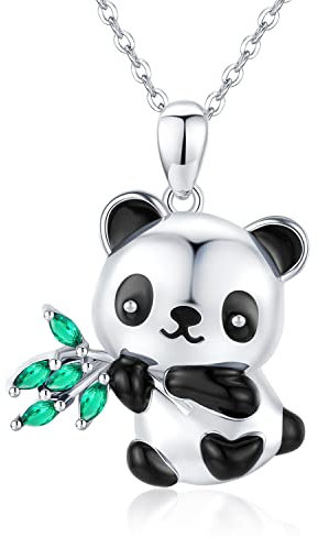 Collar con colgante de panda de zorro koala de plata 925 con corazón de panda con bambú, regalo para mujeres, niñas, niños, Plata