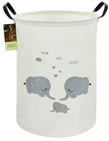 HUNRUNG Wäscherei Hamper,Large Canvas Fabric Lightweight Storage Basket Toy Organizer Dirty Clothes Collapsible Waterproof for College Dorms, Kinderzimmer,Badezimmer（Rund-Familie Elefanten）