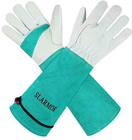 SLARMOR Gartenhandschuhe aus Leder für Damen und Herren - Dornensicher zum Beschneiden von Rosen, mit Unterarmschutz, Lange Rindsleder Arbeitshandschuhe für Garten und Haushaltsaufgaben