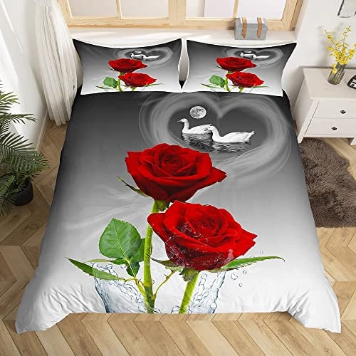 Loussiesd Rote Rose Bettbezug Schwäne Paar Tröster Bezug Romantische Rose Floral Bettwäsche Set Für Männer Frauen Liebhaber Valentinstag Tagesdecke Bezug Ultra Soft King Size Reißverschluss