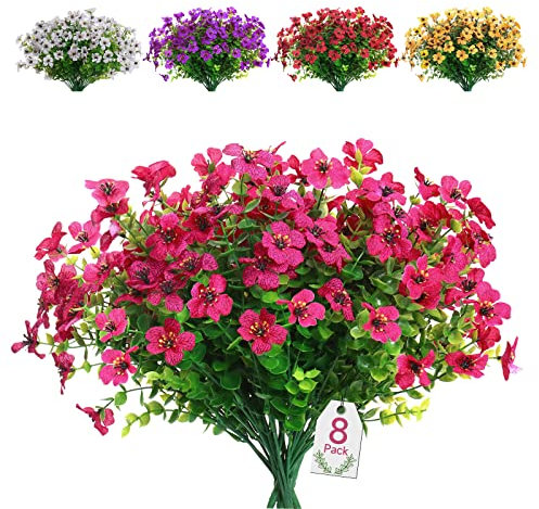 SOMYTING 8 Bundles Buissons Artificiels Fleurs Artificielles en Plein Air Résistantes Aux UV Pas de Décoloration Plante Artificielle Verte pour Jardin Véranda Fenêtre Arbustes Décoration (Rose Rouge)