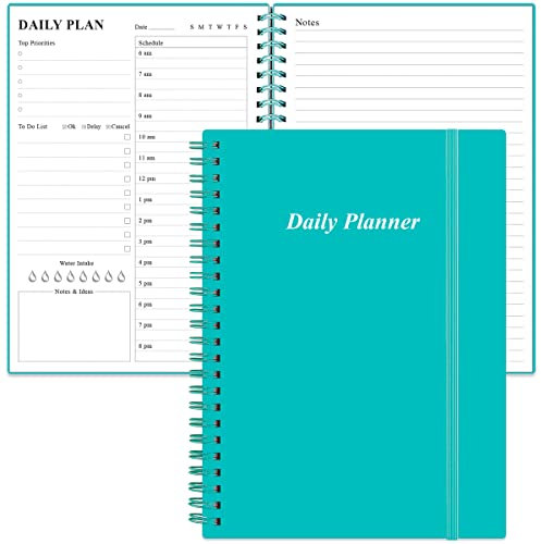 Agenda giornaliera non datata – A5 To Do List Notebook Orario Orario, Agenda a spirale per donne e uomini, copertina rigida in PVC, tasca interna, chiusura elastica, 14,7 x 21,1 cm, verde acqua