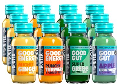 UNROOTED Mixed Health Shots - Ginger, Turmeric, Greens and Baobab 12x60ml | Multipack of Health Shots (Ginger, Turmeric, ACV and Greens) - Supports Gut Health, Digestion, Immunity and Natural Energy