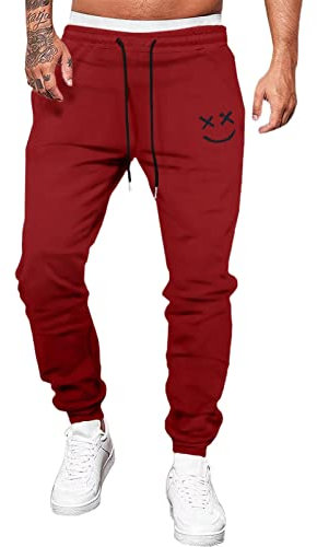Meilicloth Hose Herren Jogginghose Männer Freizeithose Baumwolle Lang mit Kordelzug-Aufdruck Sweatpants Herren mit Taschen Regular Fit Rot M