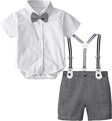 mintgreen Baby Junge Anzüge Ostern Outfit Gentleman Kurzärmeliges Hemd Hose Satz mit Fliege Hosenträger, Dunkel Grau, 6-9 Monate, 70