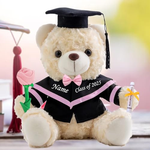 Graduation Bear Class of 2025 Personalised Graduation Gifts with Custom Text or Name, White Teddy Bear with Rose & Bow for Her 2025 High School College Kindergarten Graduation Gifts (8-IN-Text)