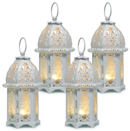 IMAGE Kerzenlaterne 4 Stück Hängende Laterne Metall Kerzenhalter mit Glasscheiben Deko für Weihnachten Hochzeit Garten Balkon, weiß
