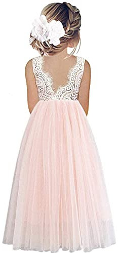 Beganly Mädchen Lange Festtagskleider Lieblich ärmellos V-Rücken Kleid Spitze Maxi Tüll A-Linie Prinzessin Partykleid Blumenmädchen Kleider Rosa 3 Jahre (Pink 100)