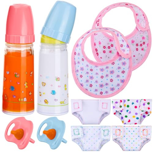 10 Pcs Baby Doll Accessories Set Pretend Feeding and Caring Play Toy Set with Magic Disappearing Milk and Juice Bottles, Pacifier, Bibs, Diapers Baby Doll Stuff for Kids Girls Birthday Party Gifts