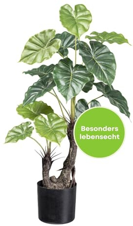 CREATIV green künstliche Taro Pflanze 70cm I künstliche Pflanzen mit 14 naturgetreuen Blättern I stilvolle Pflanzen Deko mit Topf in 12x11,5cm I hochwertige Plastik Pflanze ideal als Indoor Deko