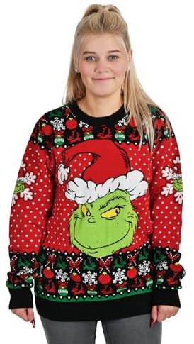 Elbenwald Le Grinch Pull en Tricot avec Motif Christmas Grinch pour Hommes Femmes Unisexe Coton Rouge - XS