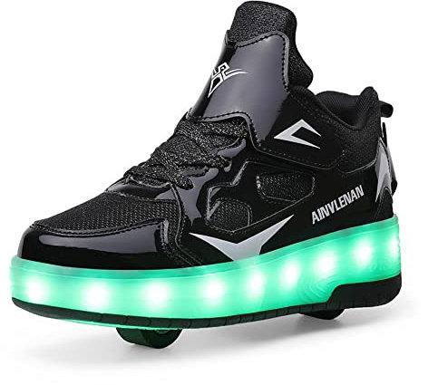 HUSKSWARE Kinder-Sneaker, 2-Rad-Skateboard-Schuhe, verstellbares Farbwechsellicht, USB-Aufladung, universell für Jungen und Mädchen,Schwarz 28 EU