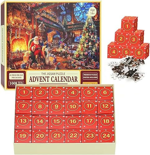 Umikk Adventskalender 2023 Jigsaw Puzzles, 1008 Teile Puzzles-67 x 28.8 cm Adventskalender Puzzle Für Kinder, Weihnachtsmann Weihnachts Jigsaw Puzzle, Weihnachtskalender 24 Boxen Puzzles