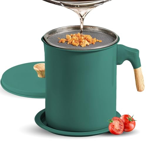 Tissting Bacon Grease Container with Strainer, 47oz/1.4L Iron Oil Strainer Pot, 13.5 x 17cm / 5.3 x 6.7in, Dark Green