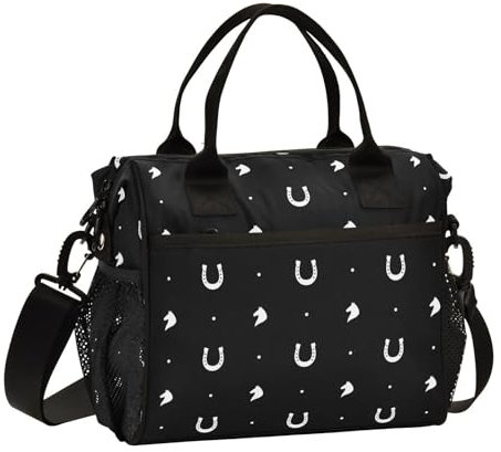 Mnsruu Bolsa de almuerzo aislada, sillín de caballo blanco, lonchera negra para mujer, bolsa de almuerzo grande, bolsa térmica reutilizable con correa para el hombro, trabajo, escuela, picnic