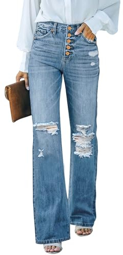 Vetinee Baggy Jeans Damen High Waist Bootcut Jeans mit Löchern Schlaghose