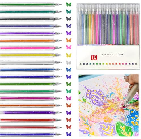 EMAGEREN 18 Stück Glitzer Gelstifte,1.0 MM Glitzerstifte Gel Gelschreiber Set mit Glitzer Metallic Gelschreiber Glitzer Druckkugelschreiber Gel Stift Set für Kinder Erwachsene (18 Farben)