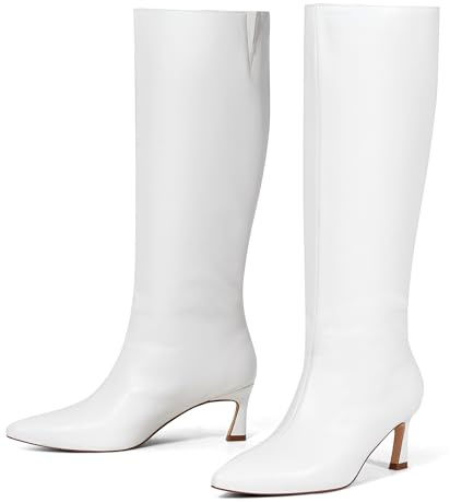 GENSHUO Stivali alti al ginocchio da donna in pelle a punta bassa tacco a spillo scarpe da abito lungo alto inverno autunno sexy moda stivali comodi, bianco, 38.5 EU