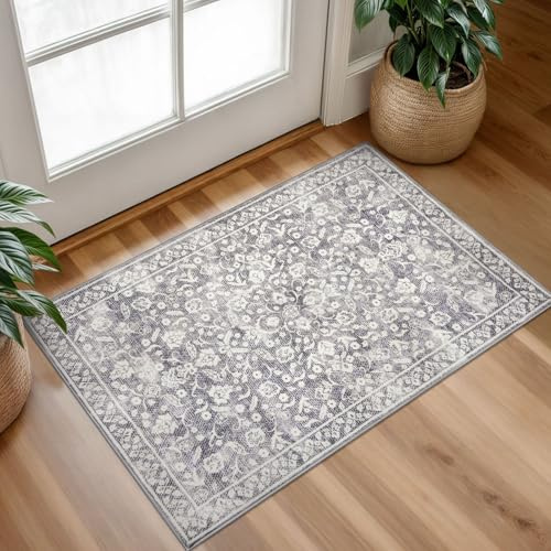 SILOLOOM Teppich im Vintage-Stil, für Eingangsbereich, waschbar, rutschfest, weich, dünn, Kunstwolle, Kleiner Teppich für Haustür, Küche, Schlafzimmer, Foyer