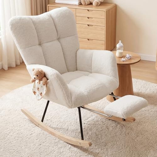 DEKKETO Teddy Nursing Rocking Chair with Footstool and Side Pocket, Ivory | Smooth Rocking Motion, High-density Foam, Metal Frame, Wooden Base, 50 cm Seat Height, 136 kg Capacity
