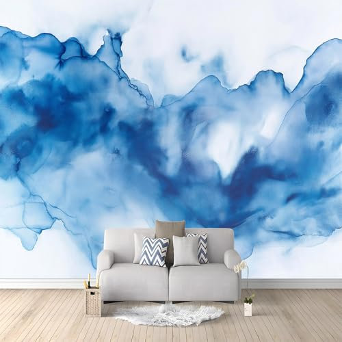 Modello Astratto Dell'Acquerello Blu Carta da Parati Blu Carta da Parati TNT Fotomurali Moderna Carta Parati Fotomurale 3D Effetto per Soggiorno, Camera Letto, Sala Pranzo, TV Sfondo 200x140 cm