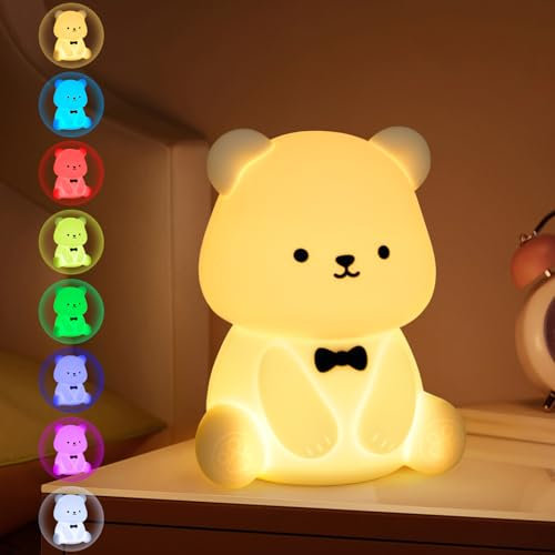 BUOAZR Ours Veilleuse Enfant, Lampe en Silicone avec Lumière Chaude Dimmable Progressive & Lumière de 8 Couleurs, 1200 mAh Rechargeable Veilleuse BéBé, Fonction Minuterie, Lampe de Chevet Pour Enfant