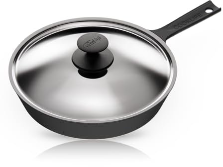 COOKLIFE 10 Inch Lightweight Pre-Seasoned Cast Iron Skillets with Stainless Steel Lid and Handle Cover - Smooth Polished Surface, Easy to Clean Cast Iron Pan Use in the Oven, on the Stove or Grill