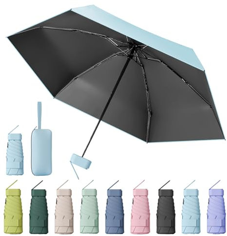 MPXEAVG Kompakter Regenschirm, Mini Schirm, Schirm UV Schutz, Regenschirm Damen Klein, Ultraleicht, Sonnenschirm Tragbar, Regenschirmbox(Himmelblau)