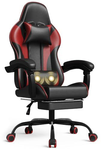 Devoko Gaming Stuhl Massage, Bürostuhl Ergonomisch Mit fußstütze und Massage-Lendenkissen, Gamer Stuhl verstellbare Rückenlehne 90-150°, Gamingstuhl 150 kg belastbarkeit, Rot