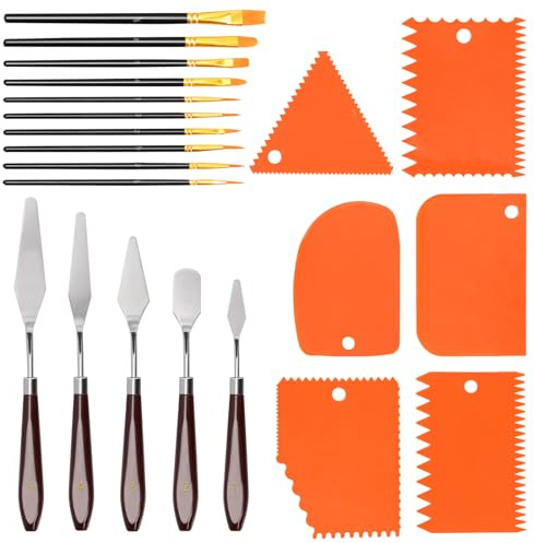 Swpeet Grattoir et palette de couteaux en plastique orange avec pinceau Pearlescent, kit d'outils de peinture, 5 couteaux palettes, 6 couteaux à gratter et 10 pinceaux Pearlescent, accessoires d'art