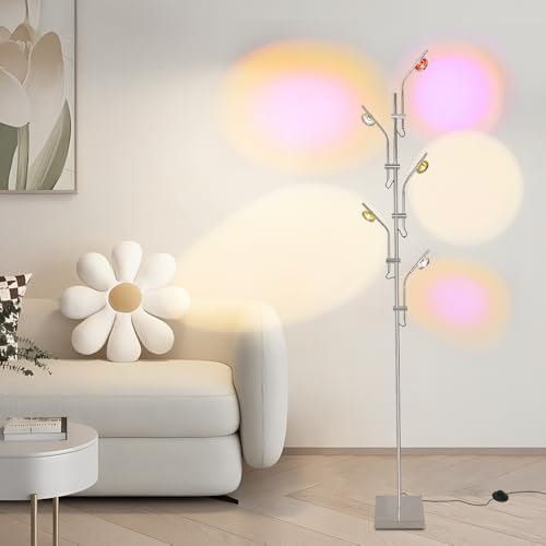 RGB Projektor Stehlampe Wohnzimmer,Led Stehleuchte mit 5 Leuchtenköpfe mit Einstellbaren Winkeln,Stimmungslicht Ambient mit Austauschbaren Farbfiltern für Schlafzimmer,Sonnenuntergang Lampe,Chrom