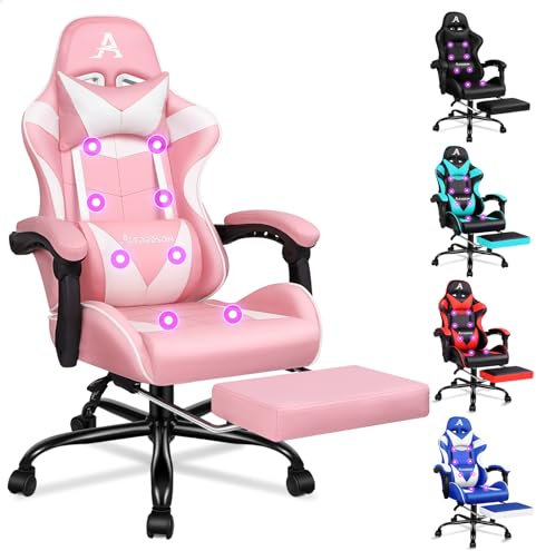 ALFORDSON Silla de Masaje para Videojuegos, Silla de Carreras con reposacabezas, Silla ergonómica de Escritorio, sillón reclinable, reposapiés Plegable, Capacidad de 180 kg, Cuero sintético, Rosa