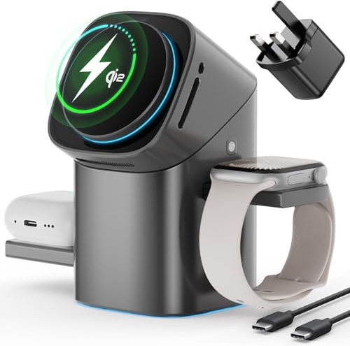 3-in-1 Wireless Charging Station, 15W Fast Mag-safe Charger Stand with 180° Rotatable & Retractable Design for iPhone 16/15/14/AirPods Pro/Apple Watch, with Lights & Cooling Fan(Includes 30W Adapter)