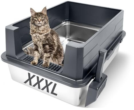Bartuke Katzentoilette Edelstahl, XXXL Katzenklo aus Metall mit hohem Rand und Schaufel, auslaufsicher, leicht zu reinigen, für große und mehrere Katzen (Dunkelgrau)
