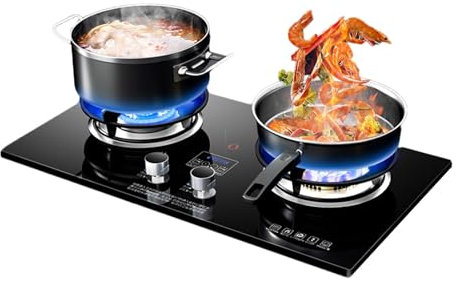 Gas Stove 2 Burners, 4.5/5.2KW 9 Cavity Timed High Fire, Cast Iron Pot Holder, Freestanding Stove Camping Outdoor(LPG)