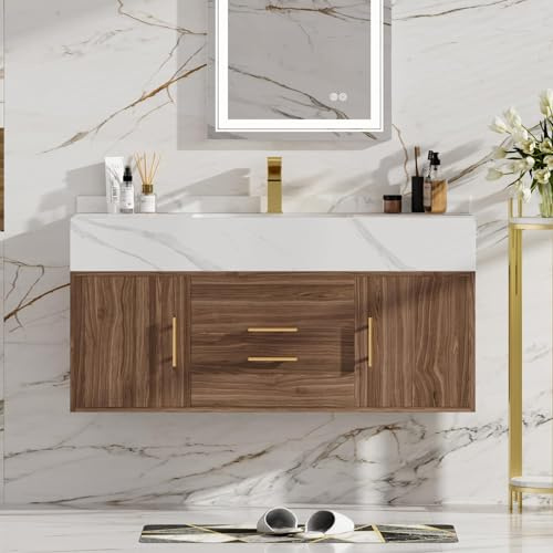 homary Tocador de baño de 39.4 pulgadas con fregadero, tocador flotante moderno con encimera de piedra sinterizada y 2 cajones, 2 gabinetes de almacenamiento, gabinete de lavabo de cerámica debajo del