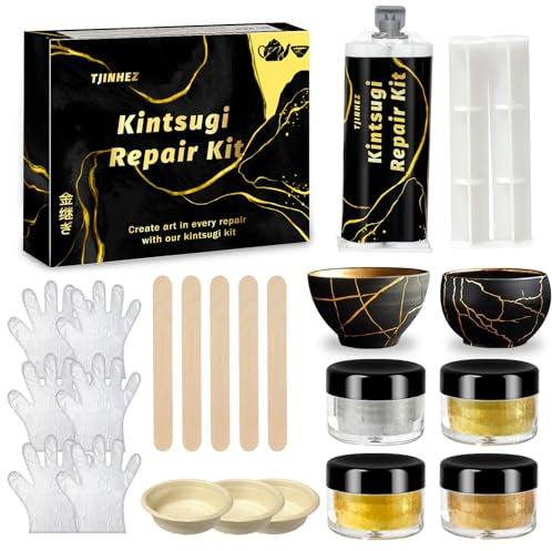 TJINHEZ Kintsugi - Kit di riparazione Kintsugi, 50 ml, colla oro e argento, set di riparazione per alimenti, in ceramica, per ciotole, piatti e vasi, perfetto per principianti