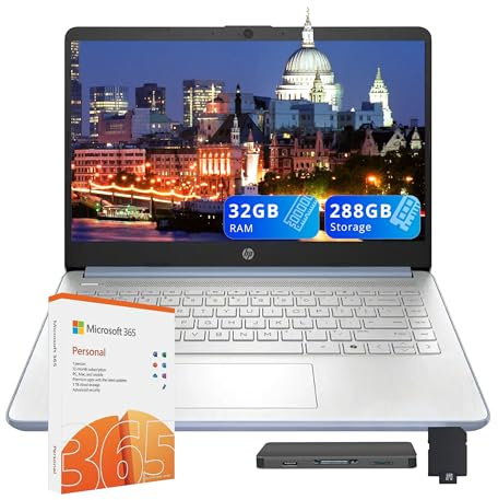 HP Flagship 14 HD Student&Business Laptop, CPU Intel N150 (migliore dell'i3-1115G4), 32GB RAM, 288GB di spazio di archiviazione (128GB UFS + 160GB Docking Set), con 1 anno di Office 365&AI-Copilot