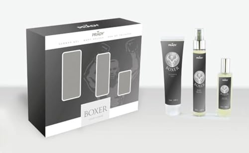 Prady Pack Boxer Homme (Gel Douche, Body Splash, Eau de Toilette) - Soin Complet avec Parfum Masculin Frais et Durable - Coffret Cadeau Idéal - Style Sport et Jeunesse