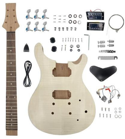 Yinfente Kit de guitarra de bricolaje con cuerpo de caoba, cuello de caoba con diapasón de palisandro, 6 cuerdas, kit de guitarra eléctrica con todos los componentes para construir tu propia guitarra