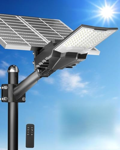 Ofuray OL-8200W Lampadaire Solaire Extérieur puissante, Haute Luminosité | 6500K Projecteur LED Solaire, IP67 Étanche Eclairage Lampe Solaire Exterieur pour Jardin, Cour, Garage