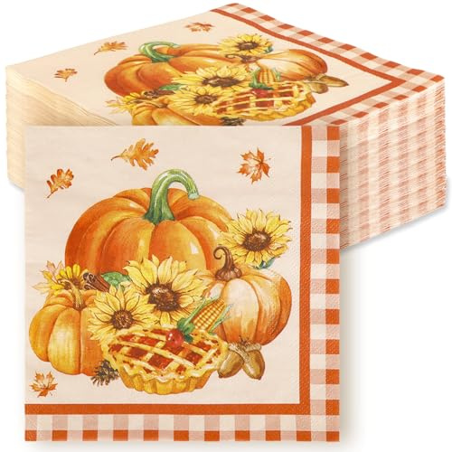60 Stück Servietten Thanksgiving Deko Servietten Herbst Orange Kürbisse und Blätter Papierserviette mit Herbstmotiv Thanksgiving Kürbis Deko
