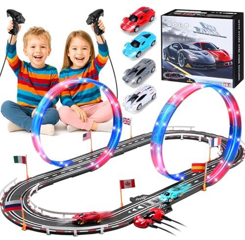 Charmofun Elektrische Rennbahn Kinder, Autorennbahn 50km/h Beleuchtete Elektrische Rennstrecke 1:64 Autobahn - 4 LED Auto, Rundenzähler, 360°-Looping, Rennstrecke Auto Spielzeug für Kinder 3 6-12 (S)