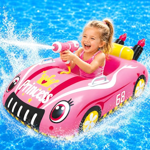 Inflatable Pool Floats for Kids with Water Gun - Princess Race Car Toddler Pool Float for Girls, Ride-on Pool Toy with Built-in Squirt Gun Unlimited Ammo, Summer Outdoor Water Toys Ages 3-8