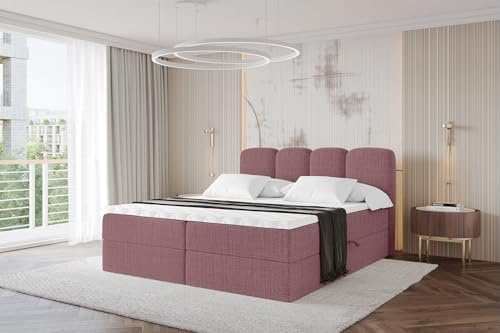 ALTDECOR Boxspringbett mit Matratze und Lattenrost, Topper, Polsterbett mit Bettkasten, Bett mit Stauraum H3-Matratze, Doppelbett, Boxbett - NINA - 140x200 Altrosa Aragon