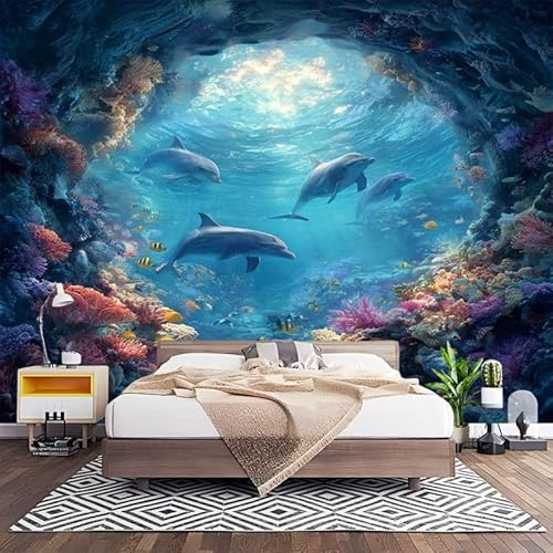 Vliestapete XXL Wandtapete 3D Effekt Wand Dekoration Fantasie-Unterwasserwelt Fototapete Selbstklebend Moderne Design Blau Mustertapete Wohnzimmer Schlafzimmer Büro Flur 350x256 cm