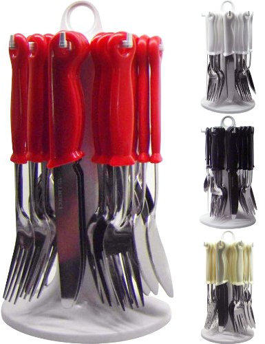 New 24PC Cutlery Dinner Set Rack Metal Forks TEASPOONS Tea Spoons Drainer Stand (RED)