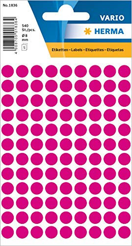 HERMA 1836 Punktaufkleber Klebepunkte pink rosa, 540 Stück, Ø 8 mm, 108 pro Bogen, selbstklebend, Markierungspunkte für Kalender Planer Basteln, matt, blanko Papier Farbpunkte Etiketten Aufkleber